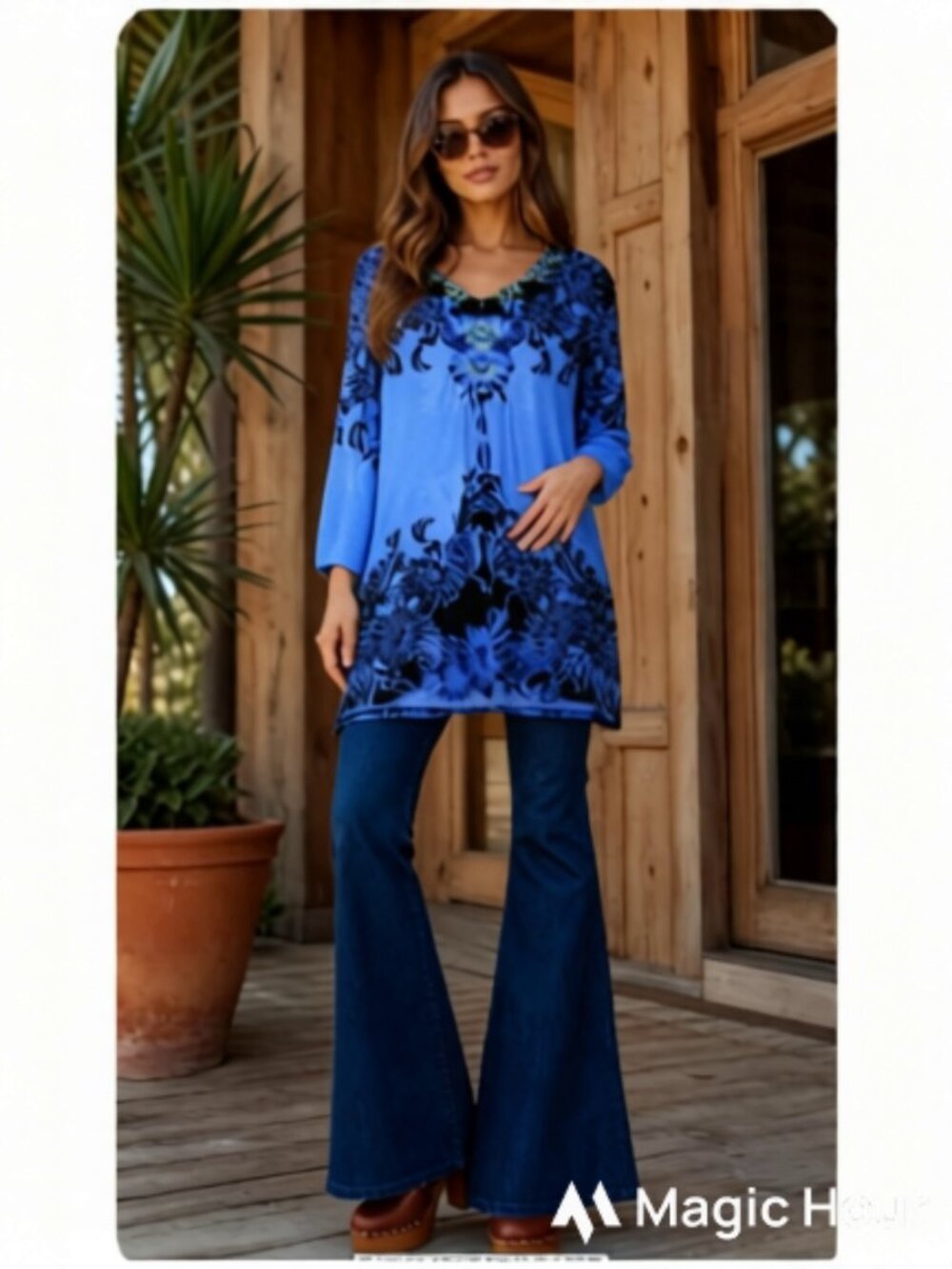 Style & Co Periwinkle and Black Beaded Tunic